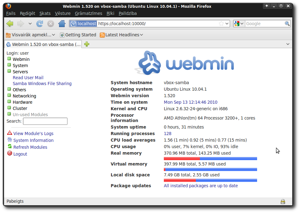 Webmin - pamatinformācija par serveri