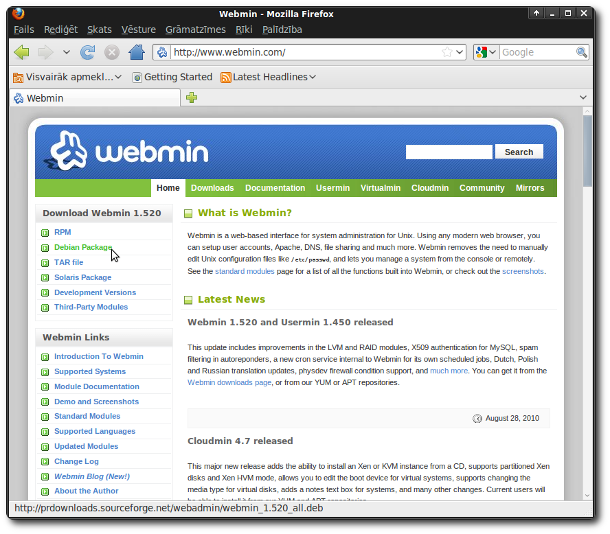 Webmin mājaslapa www.webmin.com