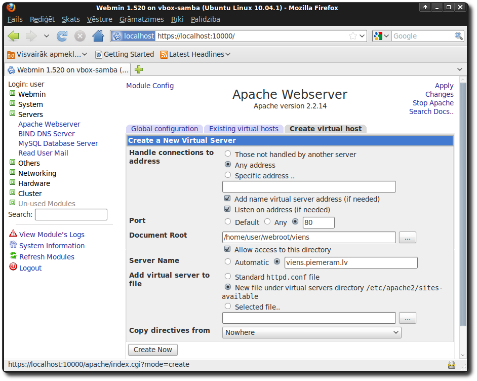 Webmin - Apache virtuālās mitināšanas vietas izveidošana