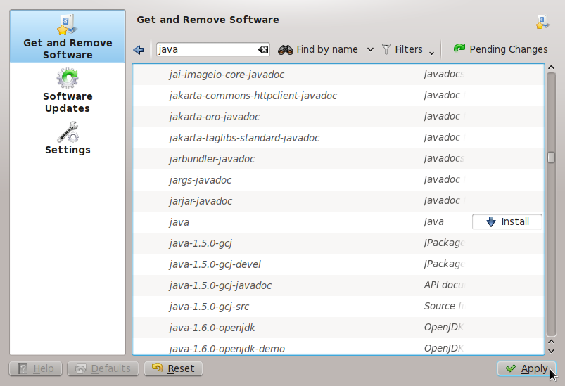 Javas VM instalēšana izmantojot grafisku pakotņu pārvaldnieku
