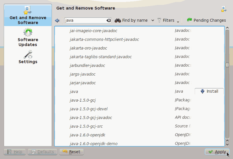 Javas VM instalēšana izmantojot grafisku pakotņu pārvaldnieku
